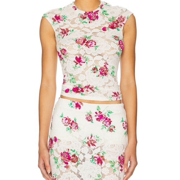 AFRM Tops - AFRM Floral Crochet Lace Top in Cream and Pink
